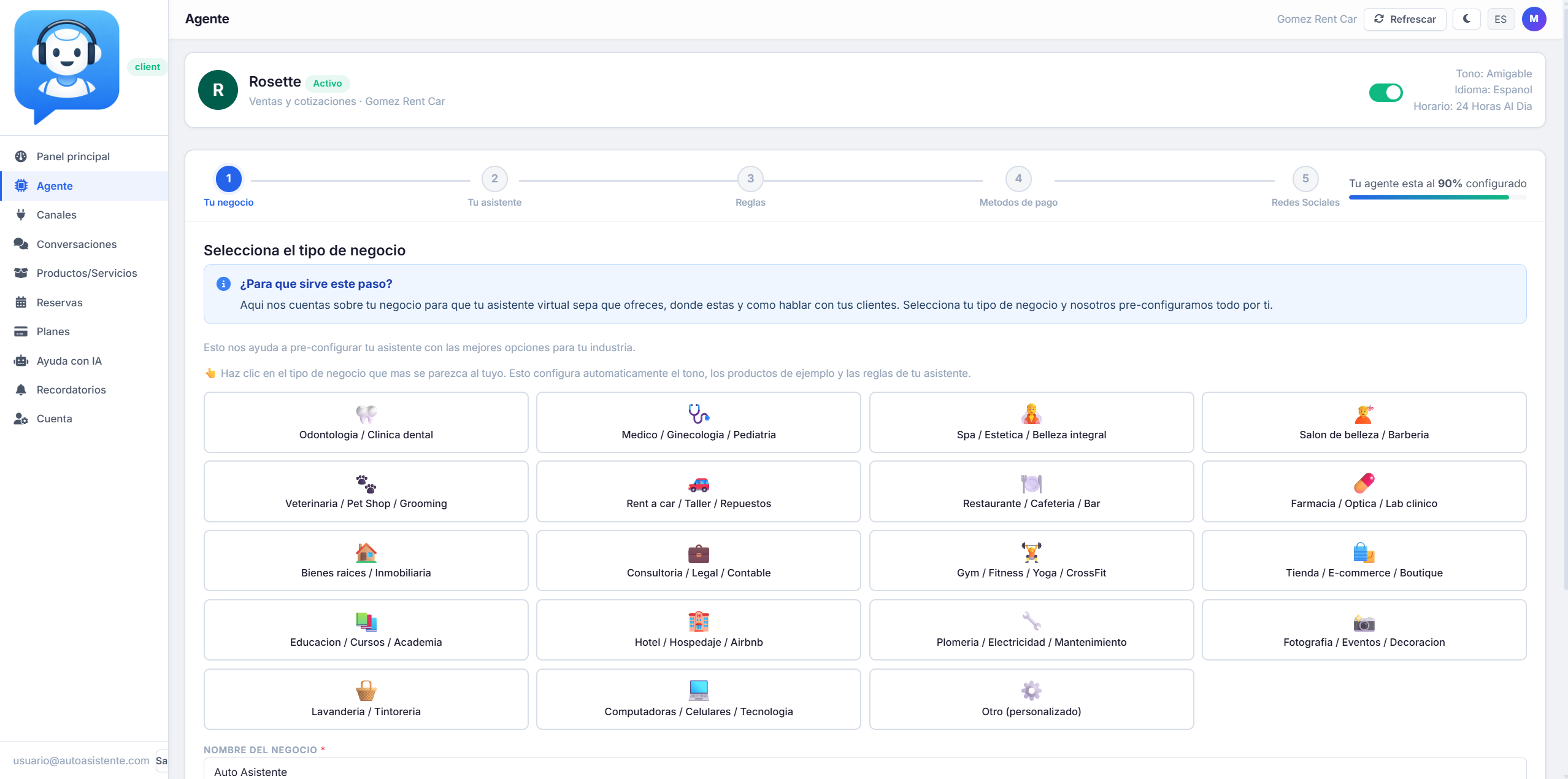 Agente IA — wizard de configuracion con nombre, tono e idioma