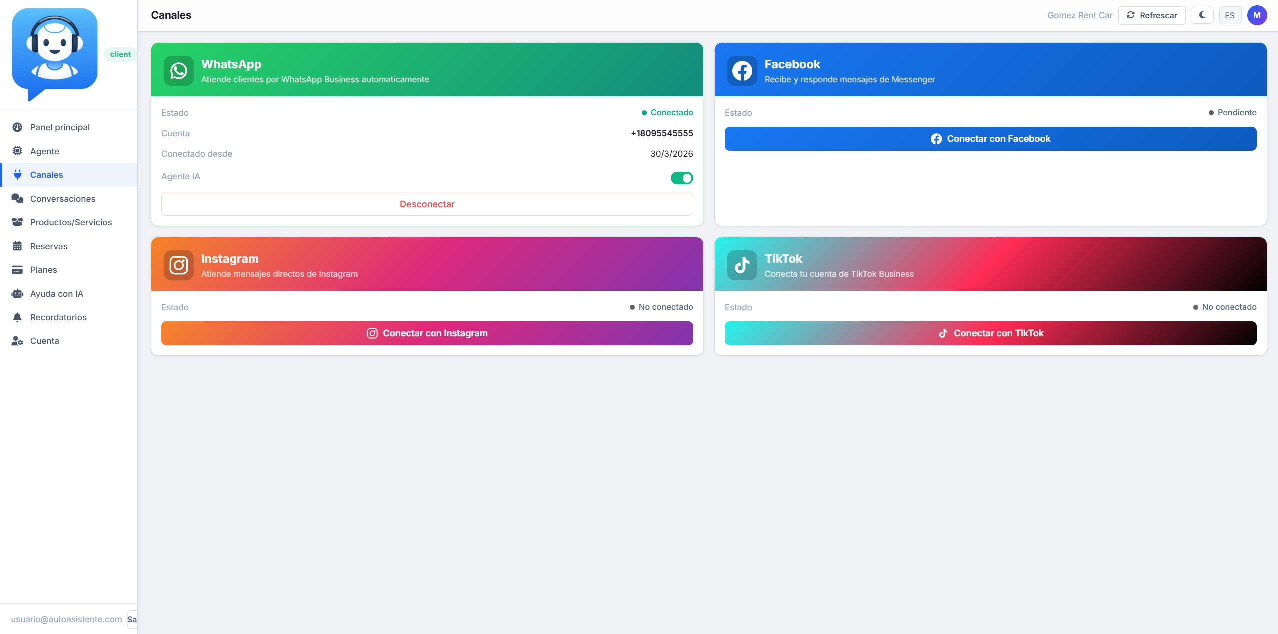Canales — WhatsApp, Facebook e Instagram conectados con estado en tiempo real