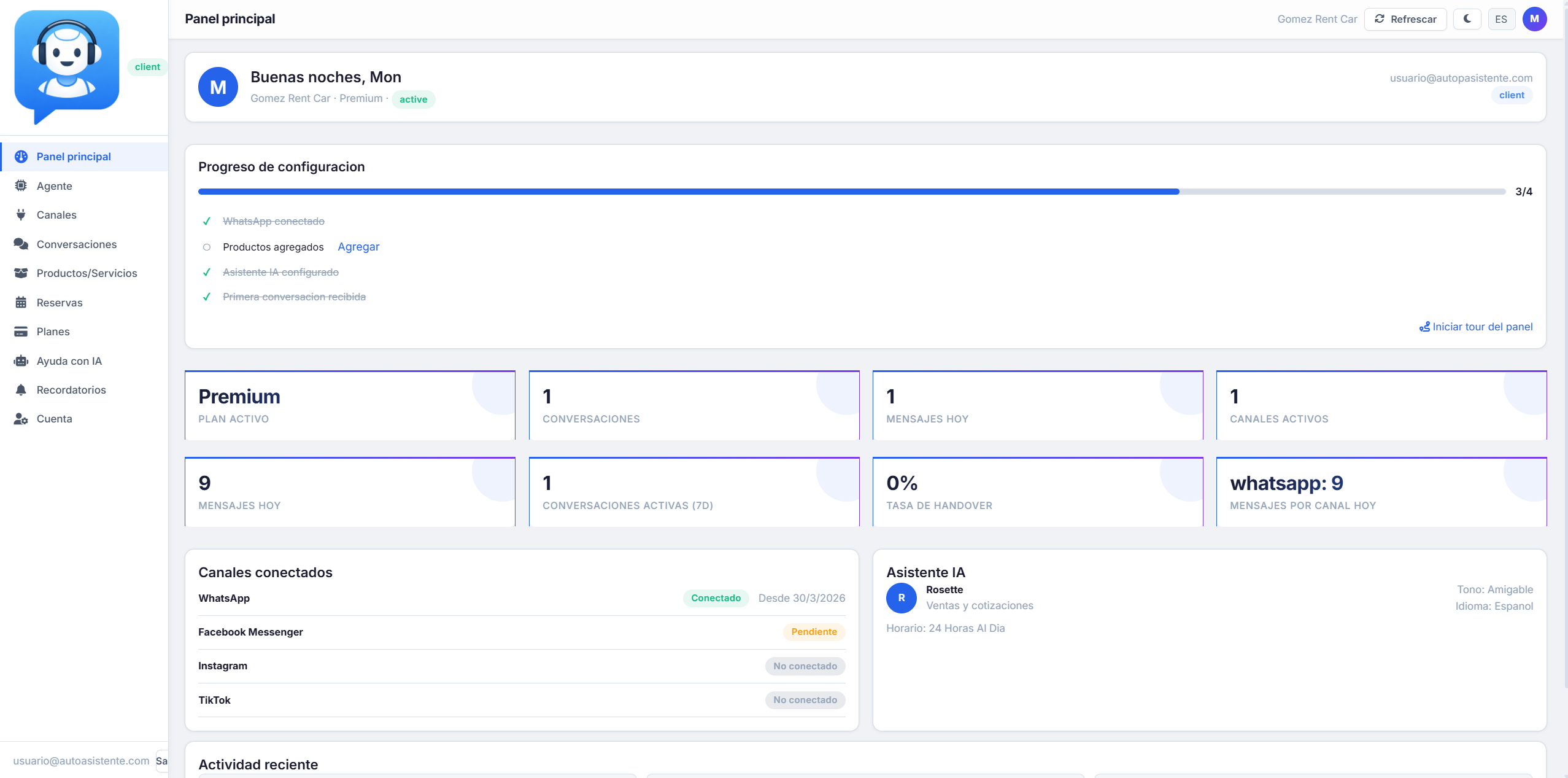 Dashboard — metricas en tiempo real, reservas del dia y resumen de ventas