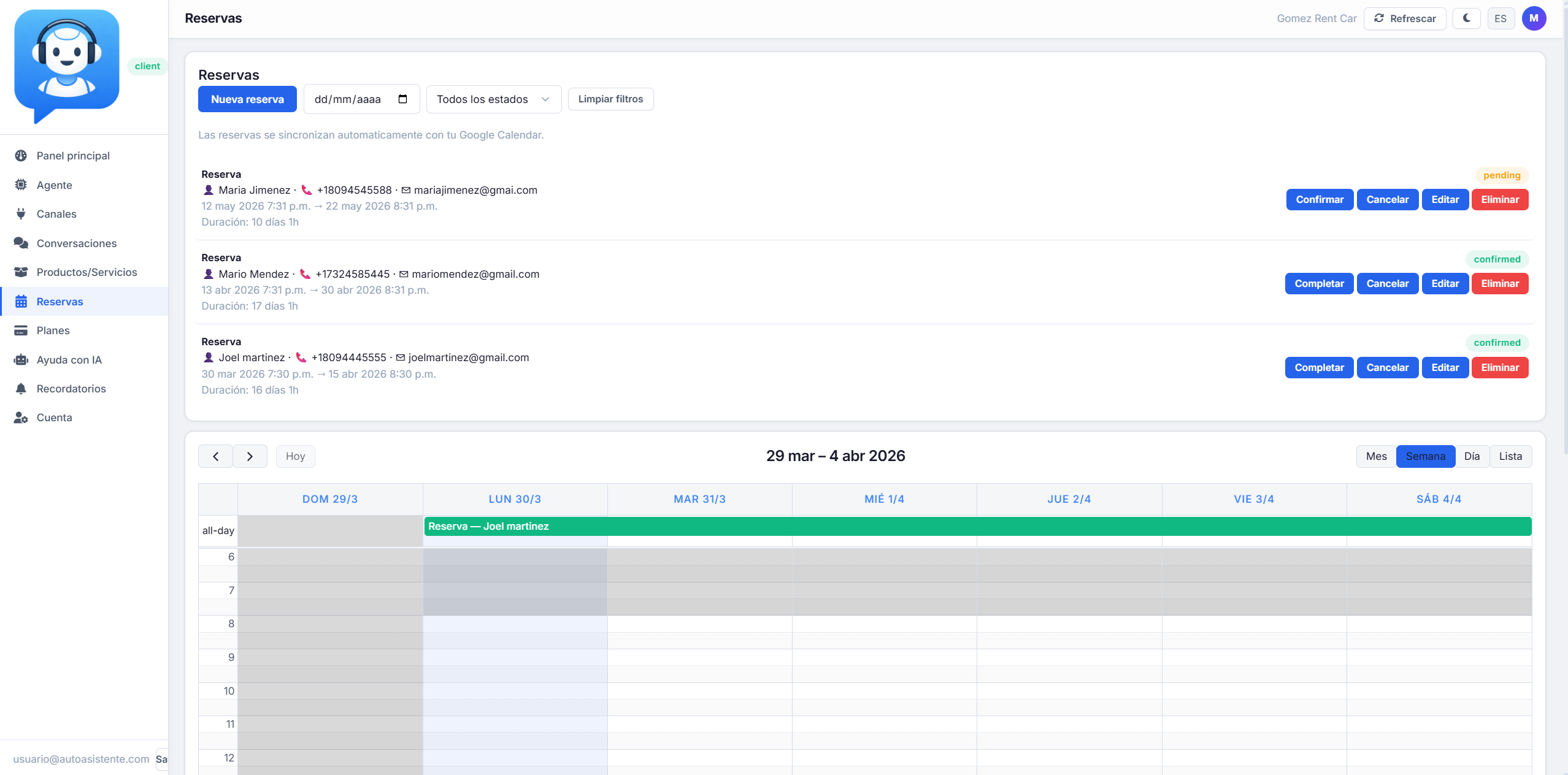 Reservas — calendario con citas del dia, semana y mes